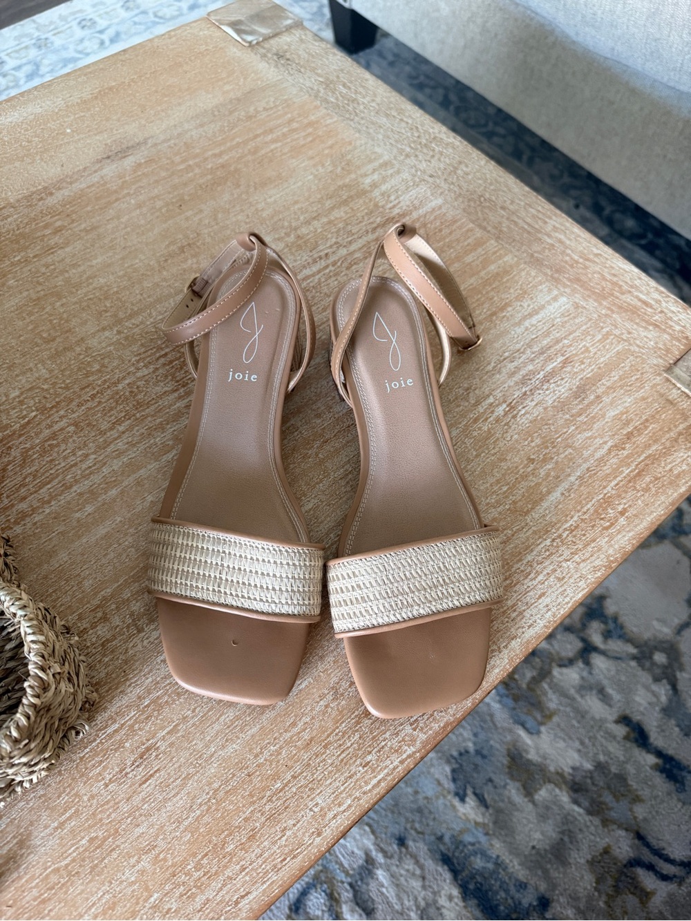 Joie Neutral Tan Raffia Strap Ankle Sandals